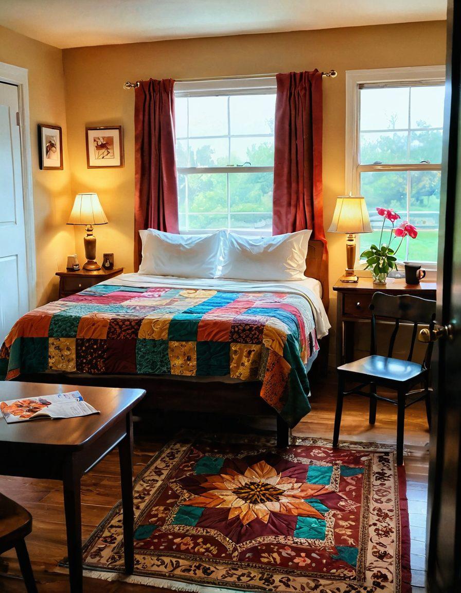 A cozy and inviting motel room seen from the doorway, featuring a neatly made bed with colorful quilt, warm lighting, a small desk with a vintage lamp, and scenic views of a lotus flower garden visible through the window. The atmosphere radiates comfort and affordability, with thoughtful details like a welcome mat and fresh flowers. The overall image should evoke a sense of homeliness and relaxation. super-realistic. vibrant colors. warm tones.