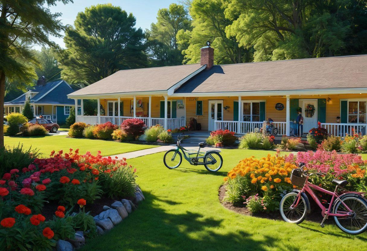 A cozy family motel surrounded by nature, with children playing in the lush green lawn, parents relaxing on the porch. Bright sun streaming through trees, a welcoming sign at the entrance. Colorful flower beds and bicycles parked nearby, inviting a sense of adventure. super-realistic. vibrant colors. warm atmosphere.
