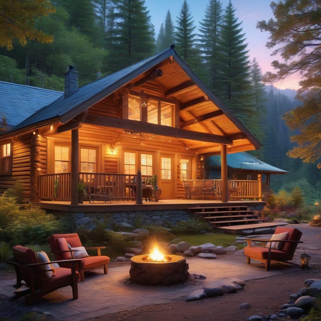 A cozy, inviting cabin nestled in a picturesque forest, with a welcoming front porch adorned with comfortable seating and twinkling fairy lights. In the foreground, a couple enjoys a picnic with a spread of delicious, budget-friendly snacks and drinks. The background features serene mountains, lush trees, and a clear blue sky, conveying a sense of adventure and tranquility. super-realistic. vibrant colors. warm lighting.